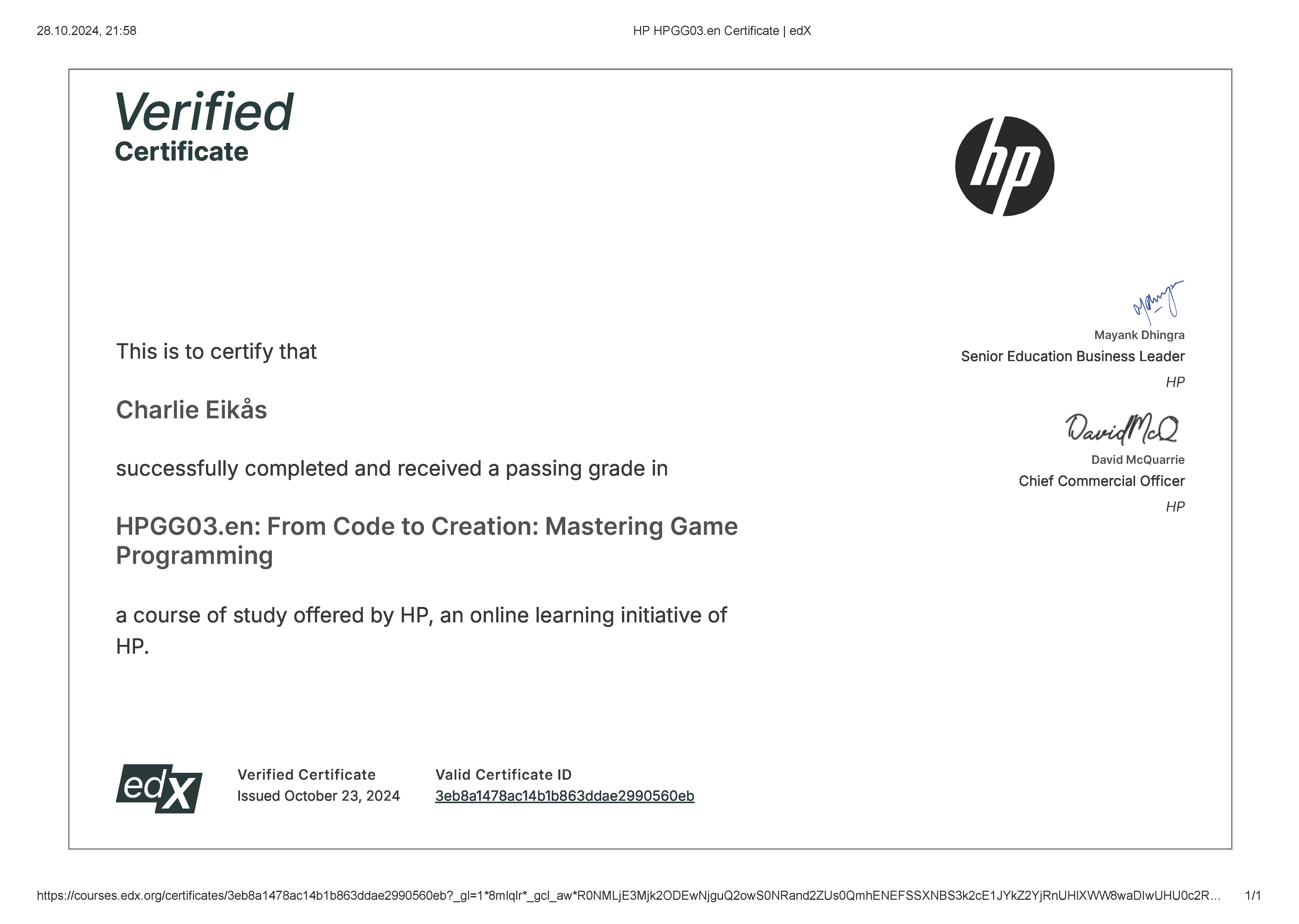 HP Certificate